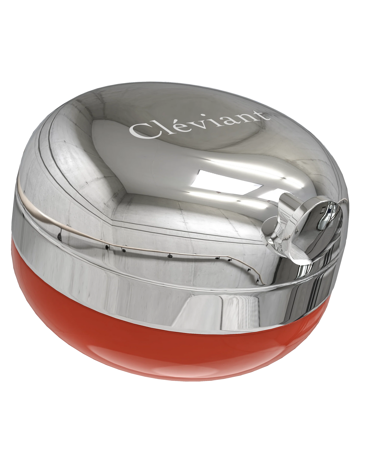 Silver and red cosmetic container with 'Cleviant' branding on a white background